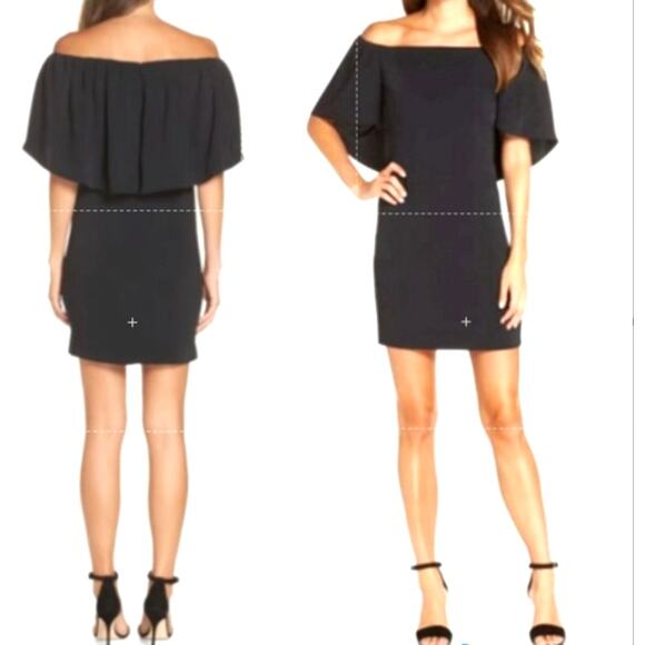 Trina Turk Zeal Off the Shoulder Cape Dress Size 6 Black Crepe Glam Lux Event - Picture 1 of 16